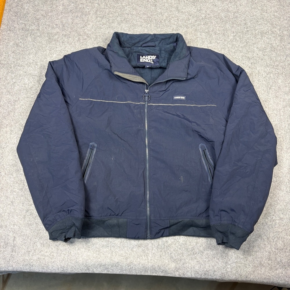 Lands End Mens XL Navy Blue Squall Jacket Fleece Lined Bomber Windbreaker Zip
